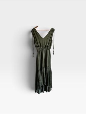 Banana Republic Olive Green V-Neck Tiered Satin Maxi Dress